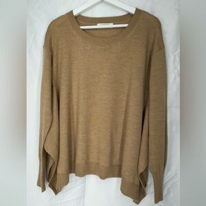 Anthropologie 100% Merino Wool Tan Beige Camel Flowy Open Side Sweater Medium